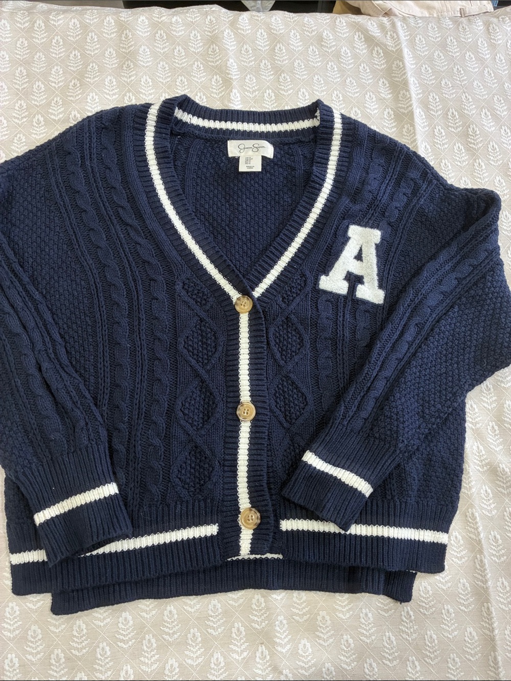 Jessica Simpson Navy Cable-Knit Cardigan with White Trim and 'A' Patch